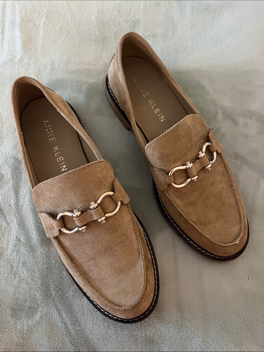 Anne Klein Men’s Taupe Suede Loafers with Gold Bit